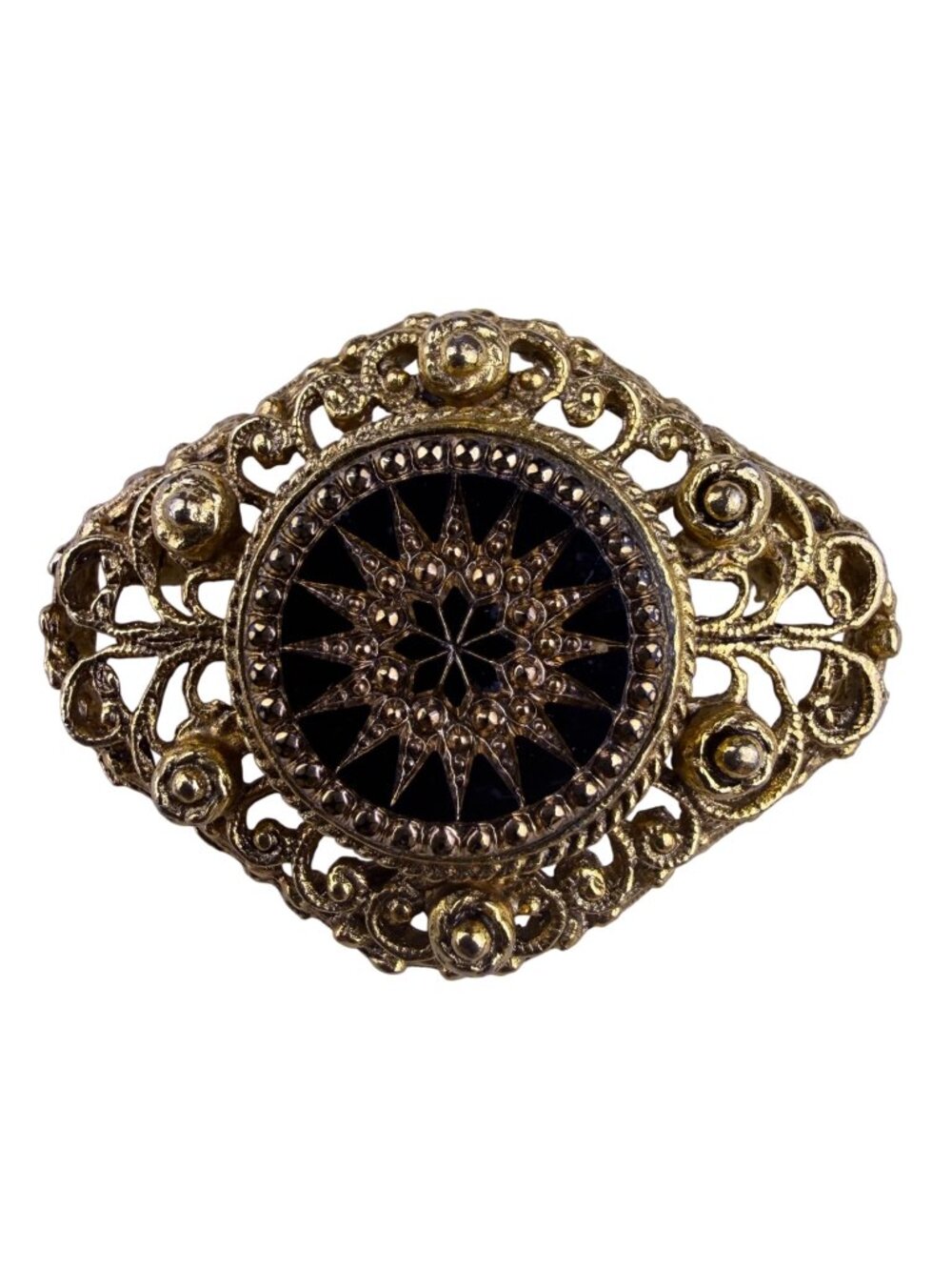 Vintage Unknown Gold Tone Black Glass Filigree Brooch Intricate Design Classic